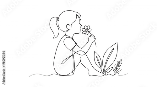Minimalist continuous line drawing of a girl smelling a flower sitting among plants on black background