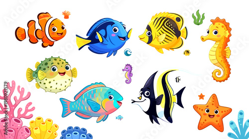Underwater ocean world with colorful cartoon fish, coral, and seahorse for kids