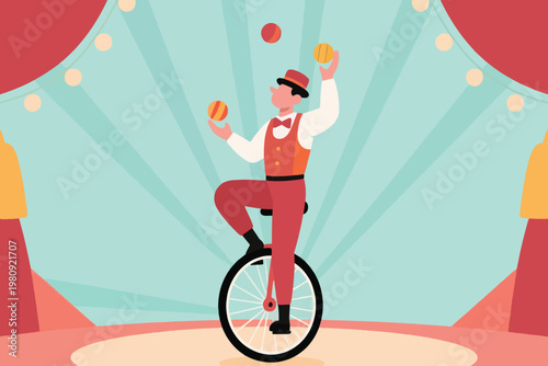 Circus performer juggling balls while balancing on unicycle under striped tent lights, vector illustration.