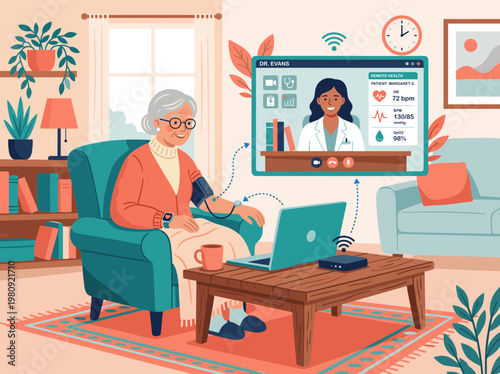 Remote patient monitoring: elderly person at home using IoT health sensors and online doctor