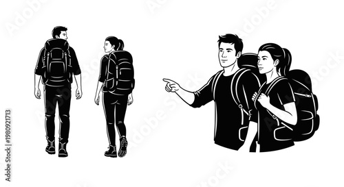 Four hikers with backpacks walking and pointing outdoors in black and white