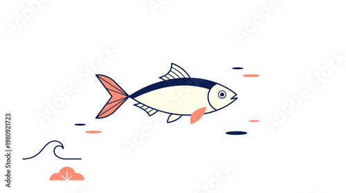 A stylized illustration of a fish swimming in the ocean with waves and coral