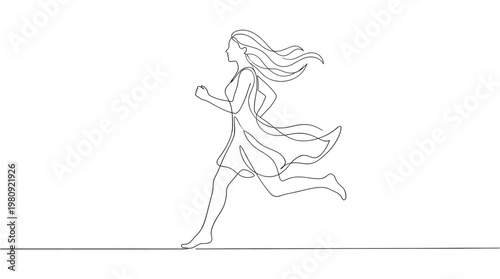 Minimalist woman running line art female jogger continuous outline sketch on black background healthy lifestyle and sport motivation