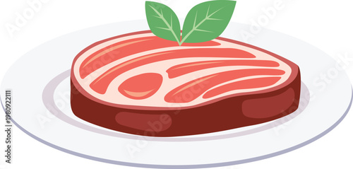 A raw, marbled beef steak garnished with fresh green basil leaves rests on a clean white plate, presented in a simple, appetizing close-up against a pure white background