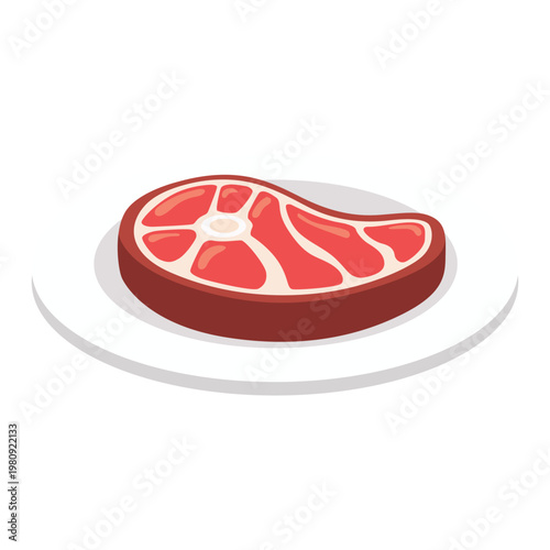 A raw beef steak with visible marbling rests on a simple white plate, presented in a clean, graphic illustration style with a focus on the vibrant red color