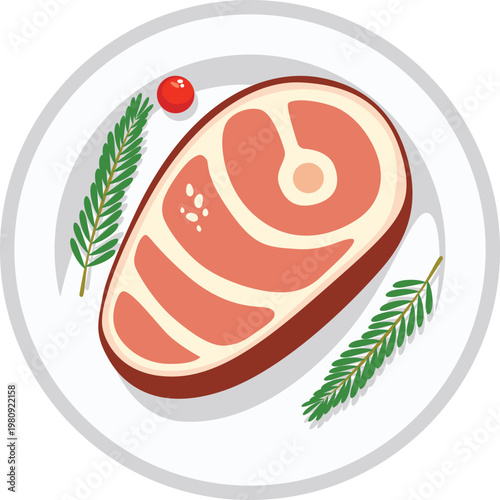 Overhead view of a raw beef steak with rosemary sprigs and a cherry tomato, presented on a white plate with a simple, clean composition and bright, appetizing colors