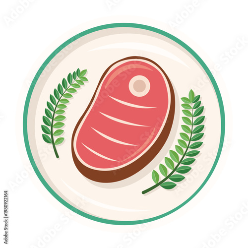 A raw beef steak with grill marks is presented on a plate garnished with green sprigs, depicted in a top-down view with a simple, clean aesthetic and a white background
