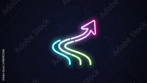 Dynamic vibrant neon arrow illuminating a progressive path of innovation on a dark digital backdrop