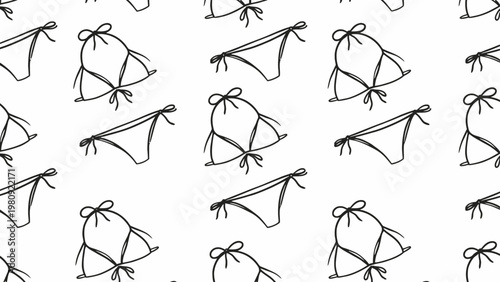 A simple, monochrome pattern featuring several hand-drawn bikinis. Each bikini set includes a top with ties at the shoulders and a bottom with side ties, all sketched in black on a white background.