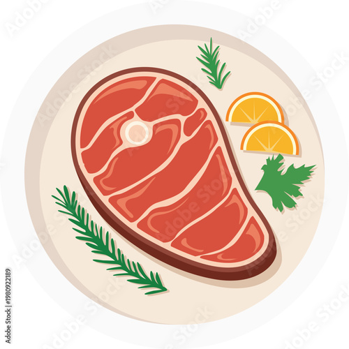 A raw steak garnished with rosemary sprigs, parsley, and orange slices, presented on a plate in a top-down view with a clean, minimalist aesthetic and vibrant, appetizing colors