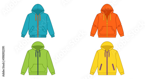 Four colorful hoodies displayed with front views and drawstring details