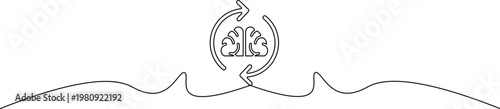 A minimalist line drawing of a brain with arrows forming a circular motion above a wavy line
