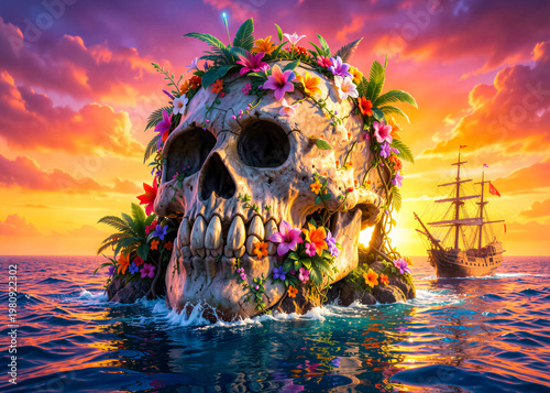A huge skull-shaped island, decorated with tropical flowers and vines, with a pirate ship sailing off its shore against the backdrop of a vibrant sunset