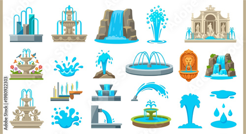 Colorful cartoon illustrations of diverse water fountains and cascading waterfalls