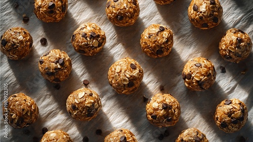 Rows of oatmeal chocolate chip energy bites on parchment paper