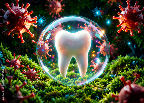 A perfect tooth, encased in a protective bubble among glowing virus particles, against a backdrop of lush green moss