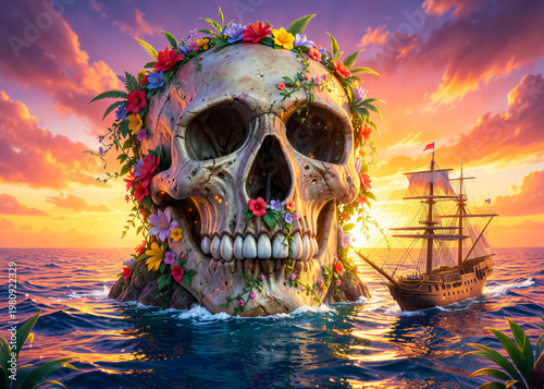 A huge skull-shaped island, decorated with tropical flowers and vines, with a pirate ship sailing off its shore against the backdrop of a vibrant sunset