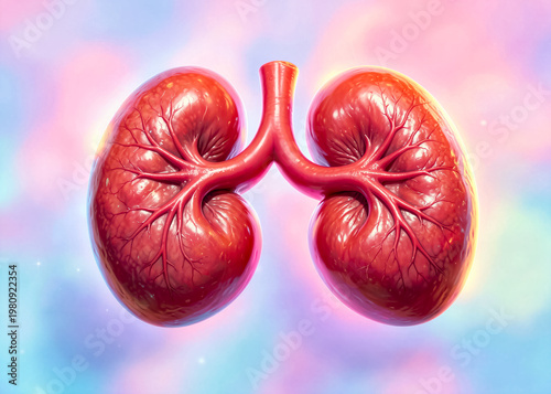 An image of two human kidneys on a soft pastel background