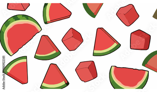 Cute cartoon watermelon slices vector set with playful juicy fruit pieces isolated on white