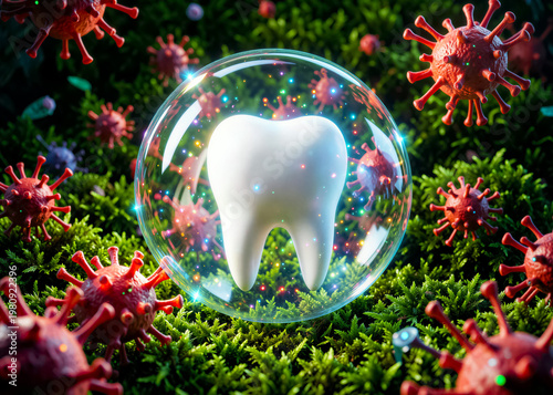 A perfect tooth, encased in a protective bubble among glowing virus particles, against a backdrop of lush green moss
