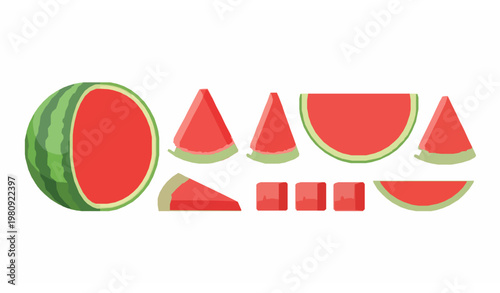 Fresh watermelon slices vector set with whole fruit wedges and cubes in modern flat design