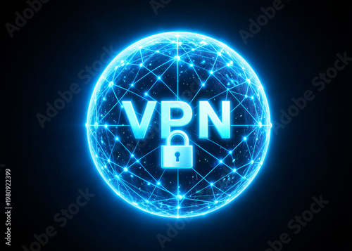 A glowing blue spherical image of a network with the word 