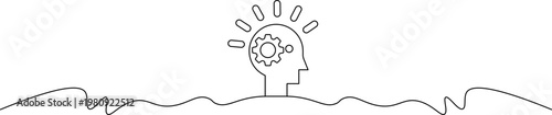 A minimalist line drawing of a human head with a gear inside, symbolizing creativity and innovation, set against a wavy landscape.
