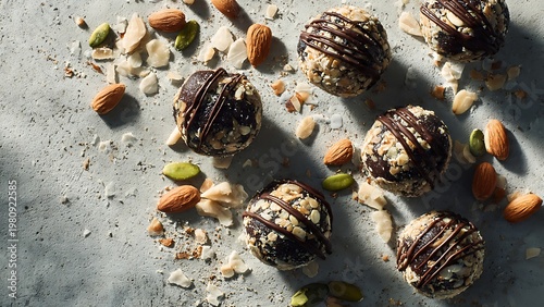 Delicious chocolate energy balls with almonds and pistachios