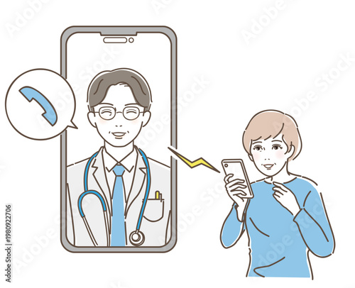 オンライン診療を受ける中高年女性と医師のイラスト素材 / Middle-aged woman having an online medical consultation on a smartphone