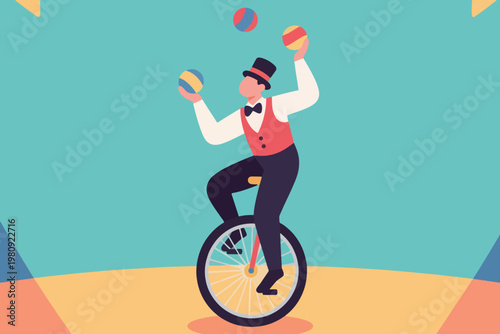 Circus performer juggling balls while riding unicycle under colorful geometric stage background, vector illustration.