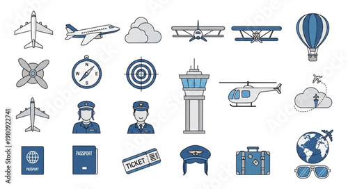 Collection of Aviation and Travel Icons and Symbols.