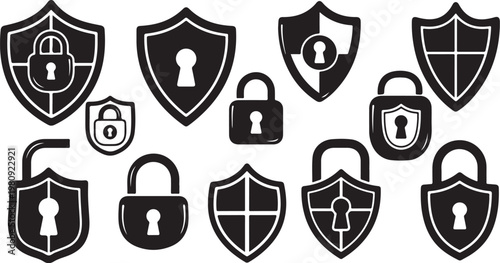 Security icons set with shields and locks symbols