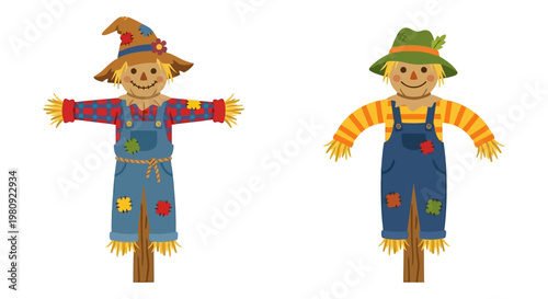 Two cheerful scarecrows stand smiling in a colorful cartoon illustration