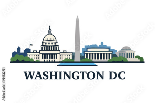 Minimalist Flat Vector Illustration of Washington DC Skyline with Famous Landmarks