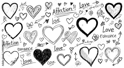 Hearts doodle drawn by hand with grunge scrawls and love notes featuring affection, romance, sketch with black and white and illustration elements