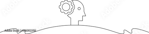 A minimalist line drawing of a human head with a gear inside, symbolizing creativity and innovation