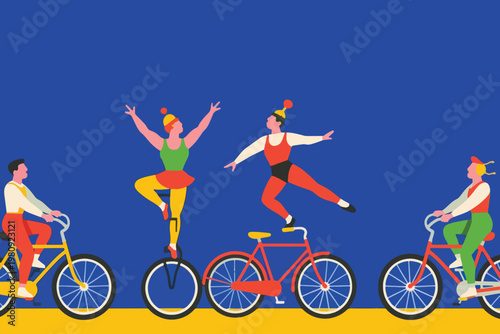 Four circus performers riding bicycles and unicycle in colorful costumes on bright stage background, vector illustration.