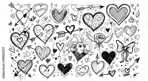 Hearts doodle drawn by hand with grunge scrawls and arrows featuring love, romance, sketch with art and illustration elements for black and white,
