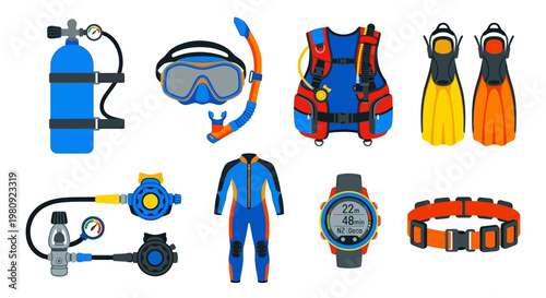 Set of colorful scuba diving equipment isolated on a white background