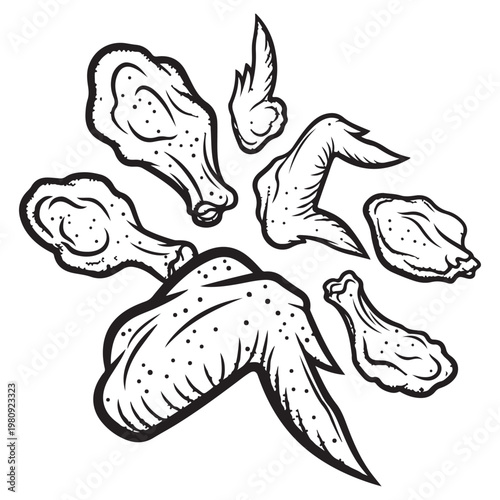 Fried chicken wings and drumsticks hand drawn vector illustration set for fast food menu design
