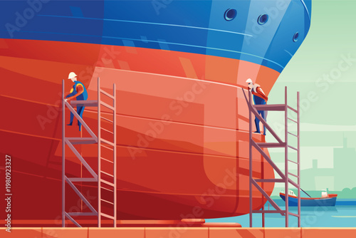 Repairing Ship Hull Scene Vector Illustration of