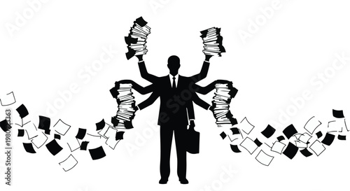 Overwhelmed businessman with flying papers stress management