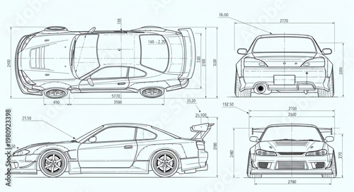 Detailed Car Blueprint Technical Drawing Schematics.