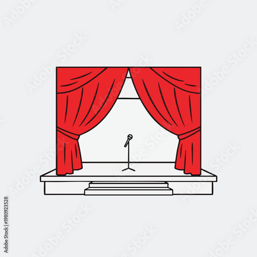 Empty Stage with Red Curtain and Microphone for Performance or Presentation