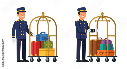 Two hotel bellhops with luggage carts displaying different poses