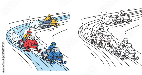 Snowmobile race illustration featuring colored and black and white line art for coloring pages. Action-packed winter sport competition with riders speeding on a snowy mountain track.