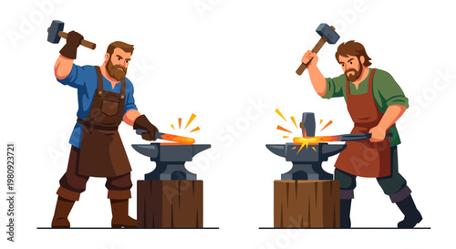 Two blacksmiths forging metal with hammers at an anvil showing process