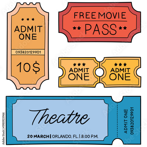 Hand-drawn cartoon set of tickets on a white background.