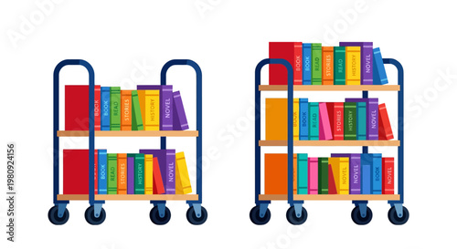 Two blue rolling library book carts filled with colorful books