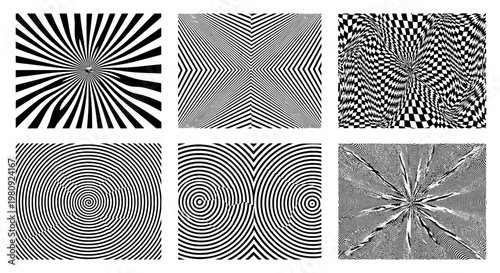 Optical illusion spiral square patterns with wavy line texture and hypnotic black white rays for retro design backgrounds
